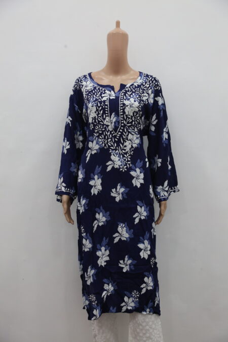 Navy Blue Floral Modal Lucknowi